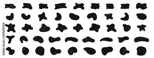 Black abstract shapes, organic blobs and blotch of irregular shape. Inkblot silhouettes, simple liquid splodge elements. Big vector set.
