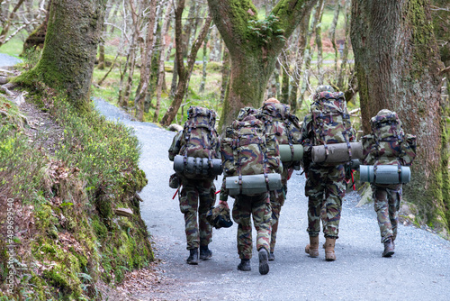 Irish defence forces army soldiers in camouflage training in the woods in Wicklow 
