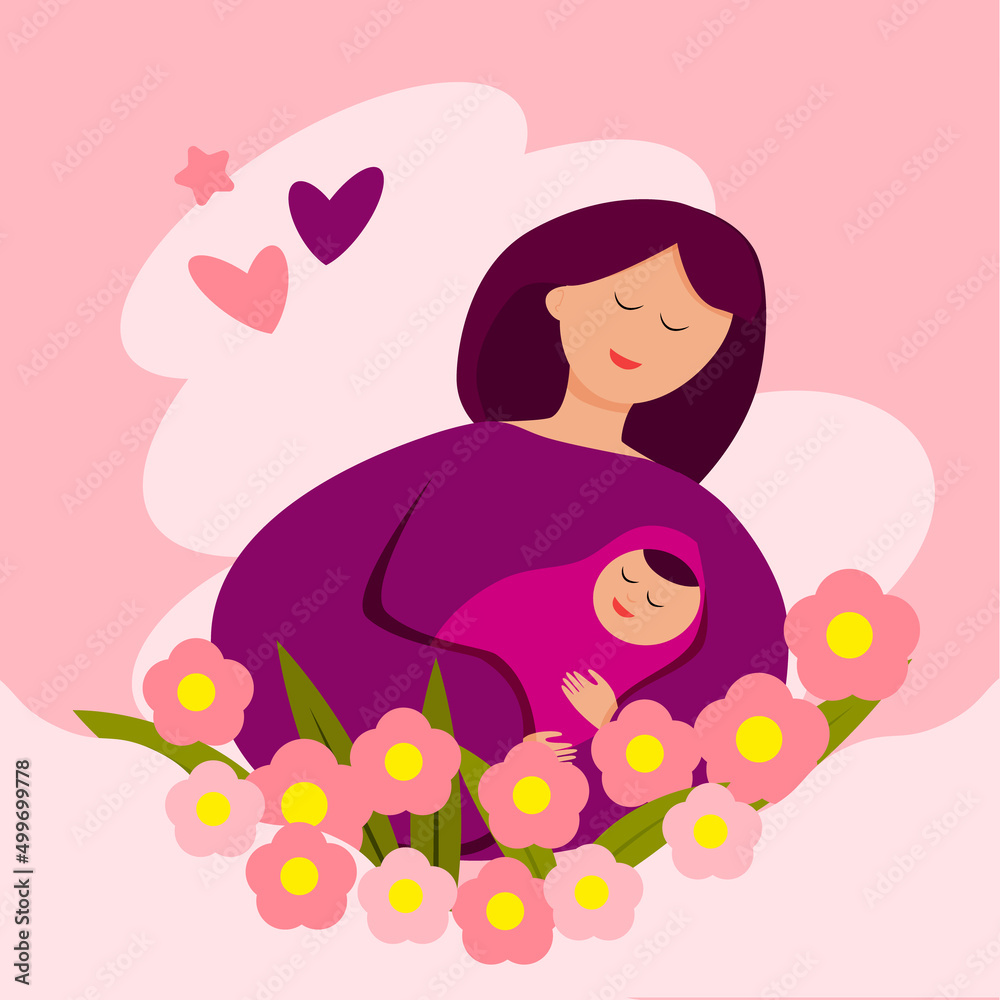 Vector illustration of greeting card for mother's day. Mom with flowers, mother and baby.