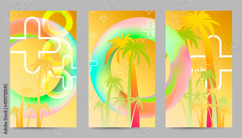 Abstract set summer background with palm trees party and cocktails universal art web header template. Collage made geometric elements