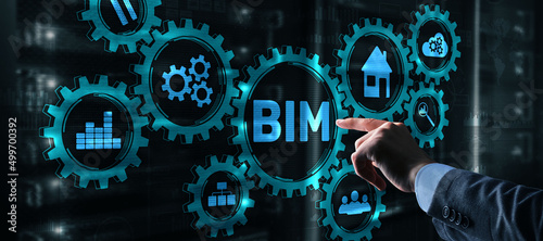 Fényképezés BIM Building information modeling concept on virtual 3d screen