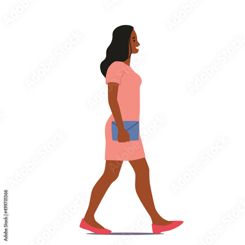 Female Character Walking, Young Woman with Handbag, Passerby, Pedestrian Walk on Street. Student, Fashioned Lady
