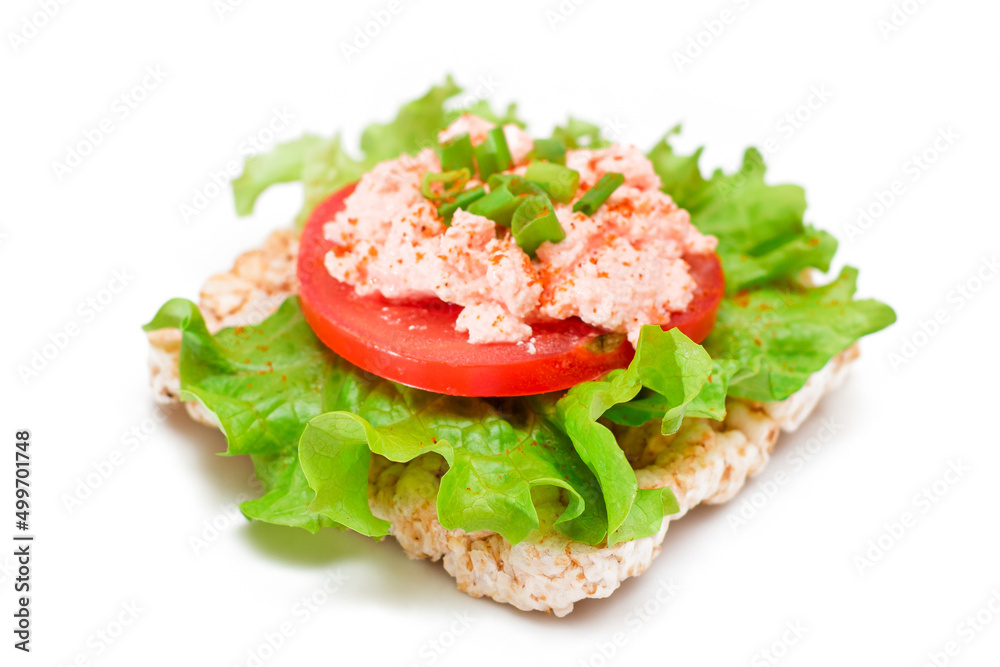 Rice Cake Sandwich with Tomato, Lettuce, Fish Cream and Green Onions - Isolated on White. Easy Breakfast. Diet Food. Quick and Healthy Sandwiches. Crispbread with Tasty Filling - Isolation