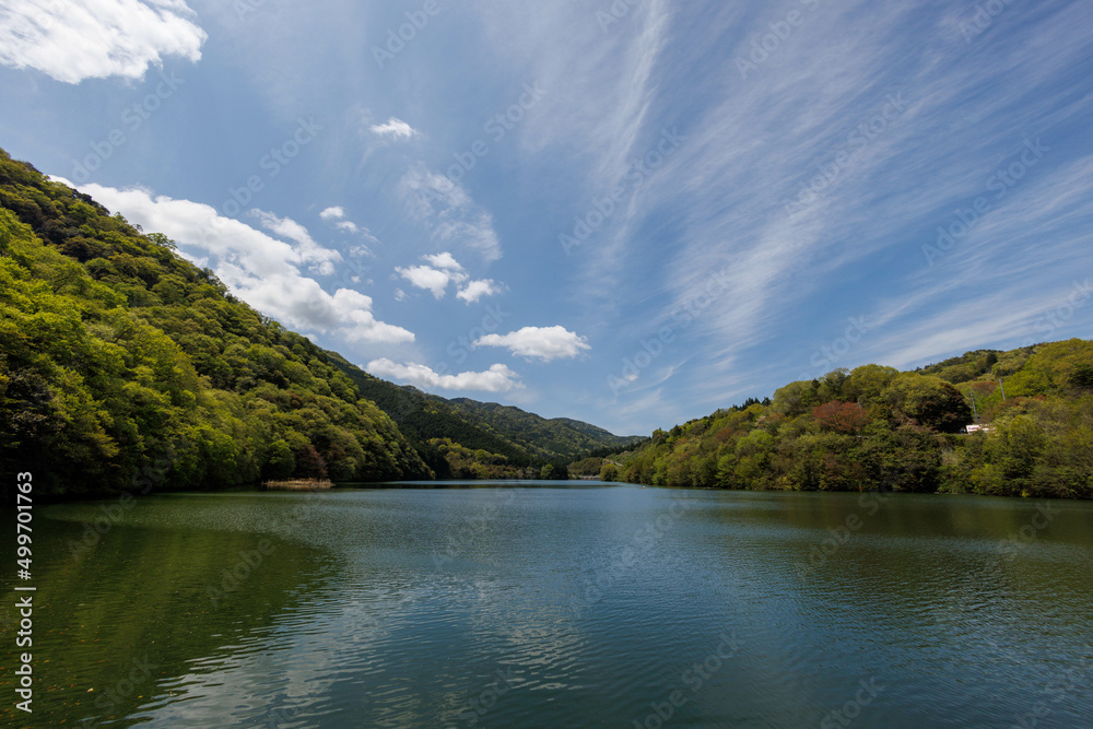 日本の香川県観音寺市の豊稔池堰堤の美しいダム