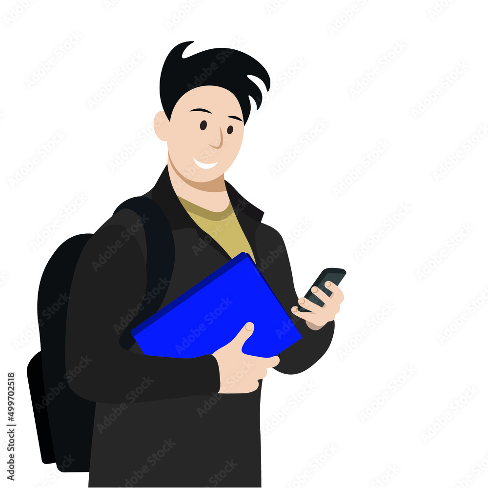 Portrait of a cheerful student with books in one hand and a phone in the other, isolated on white, flat vector, happy student Portrait of a cheerful student with books in one hand and a phone in the other, isolated on white, flat vector, happy student