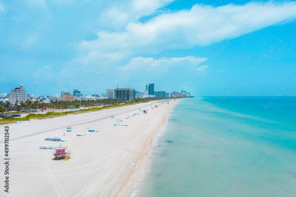Panoramic view of the white sand beach in Miami Beach Florida