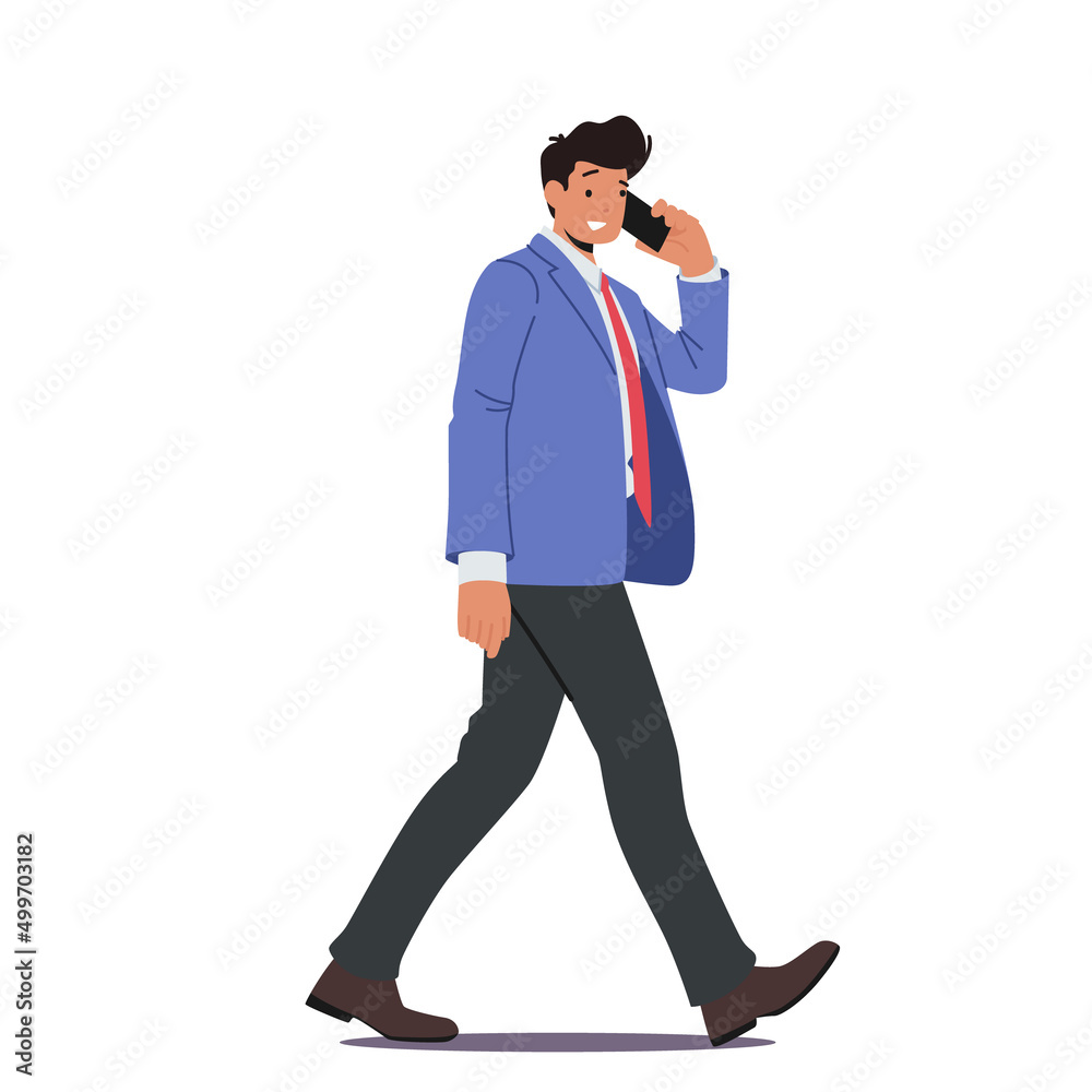 Business Man Talking by Smartphone Walking Isolated on White Background. Young Confident Businessman Go at Work Business Man Talking by Smartphone Walking Isolated on White Background. Young Confident Businessman Go at Work