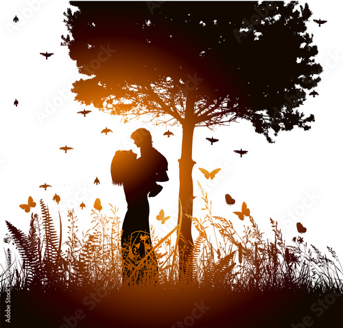 Silhouette of mother with her daughter in her arms. Mother's Day. at sunset. Vector illustration