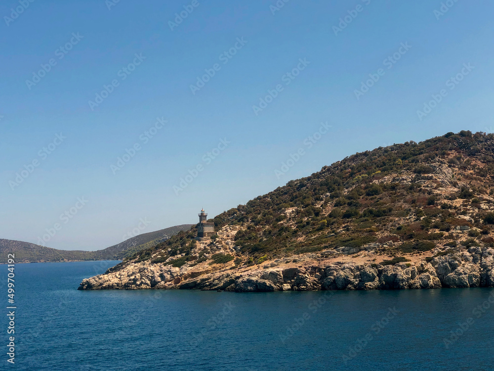 Summer Travel Vacation. View On Beautiful Beach On Greece Shore.