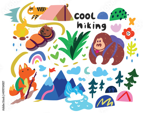 Cool hiking in childish style. Vector illustration