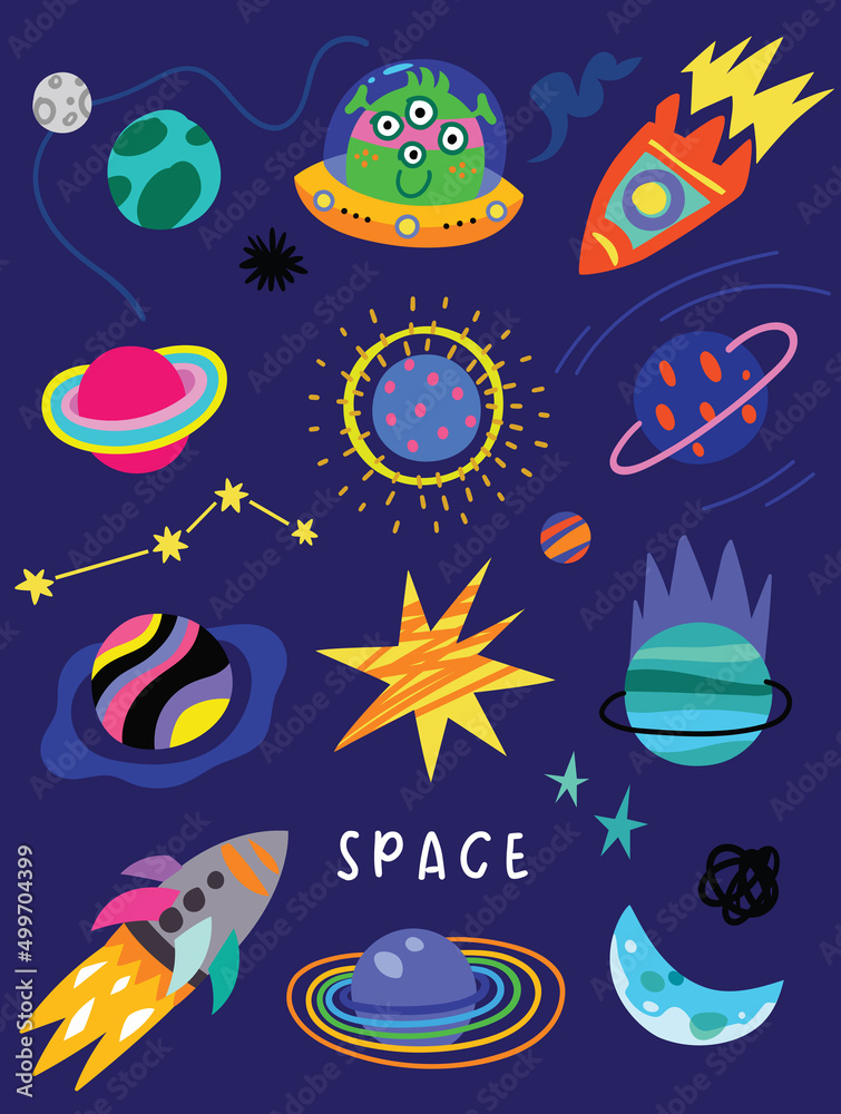 Obraz premium Space and astronomy decorative symbols. Vector illustration