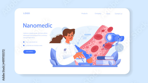 Nanomedic web banner or landing page. Doctors work with nanoparticle photo