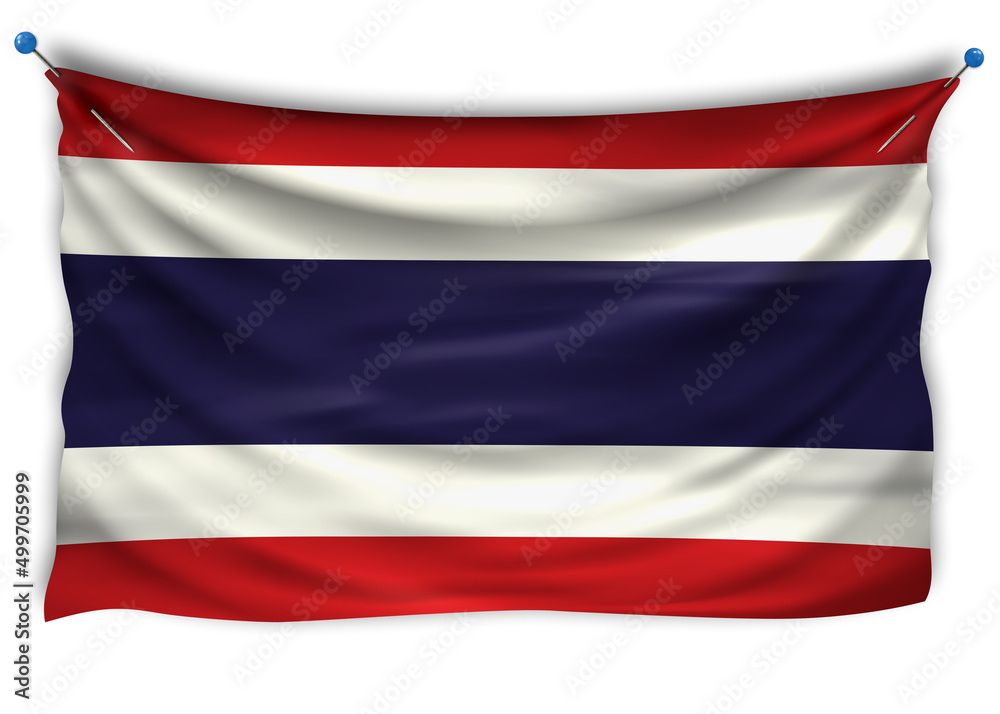 Official flag of Thailand. Patriotic symbol, banner, element, background. The right colors. Wavy flag of Thailand with really detailed fabric texture, exact size, illustration, 3D, pin