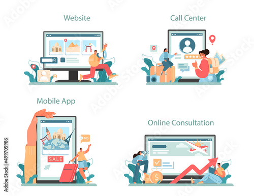 Travel agency marketing campaign online service or platform set
