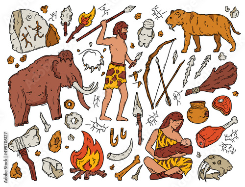 Cavemen and Neanderthals in the Stone Age, vector doodle set. Ancient primitive people hunt mammoths and tigers. Tools and rock paintings. Paleontology and anthropology brown cartoon icons. photo