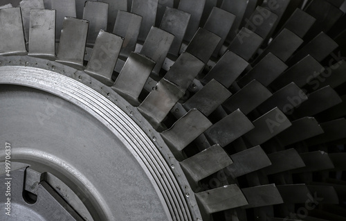 Close-up of jet engine turbine blades