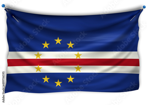 The official flag of Cabo Verde. Patriotic symbol, banner, element, background. The right colors. Cabo Verde wavy flag with really detailed fabric texture, exact size, illustration, 3D, pinned