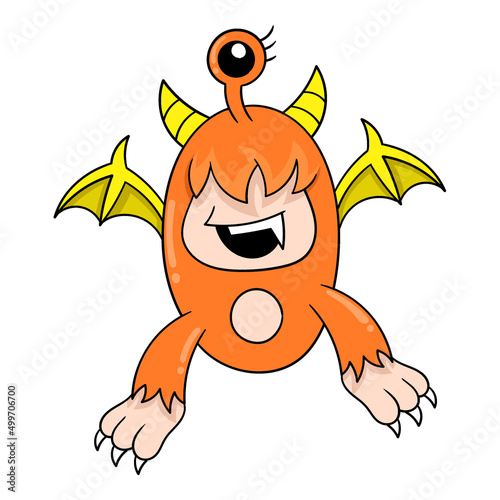 one eyed orange winged monster, doodle icon image kawaii