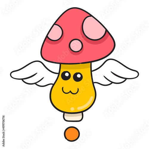 cute faced winged mushroom, doodle icon image kawaii