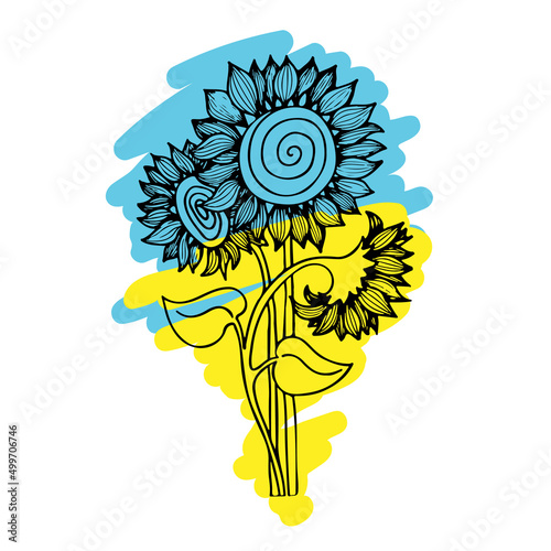 Three sunflower flowers with leaves hand drawn on the blue and yellow color of the flag of Ukraine