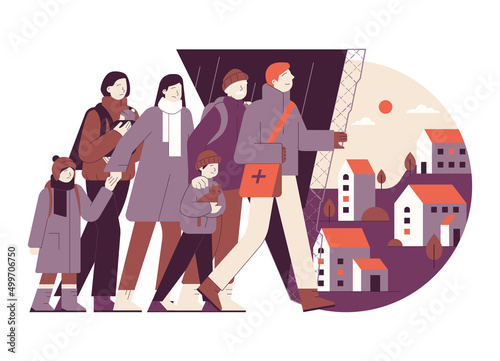 Refugee concept. Characters abandone home because of war. People with suitcases