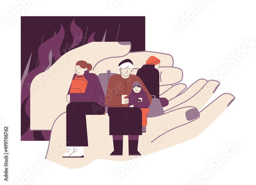 Refugee concept. Characters abandone home because of war.