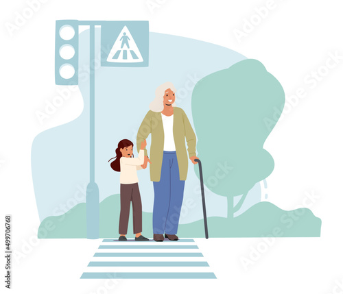 Little Child City Dweller Lead Old Lady over Crossroad with Zebra and Traffic Lights. Girl Character Help to Cross Road