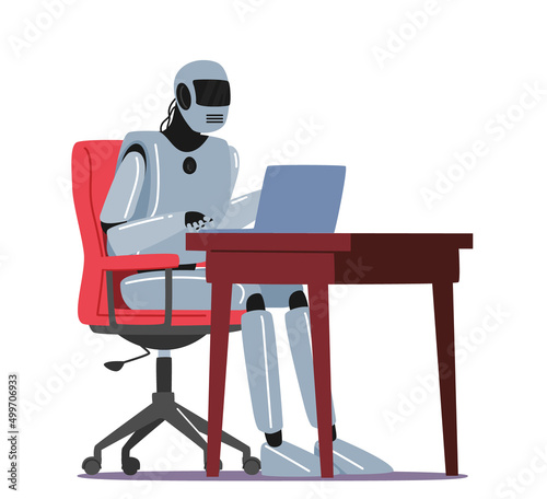 Ai Cyborg Character Work on Laptop at Office Desk, Multitasking, Robotic Labor Automatization, Artificial Intelligence