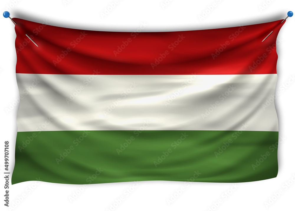 The official flag of Hungary. Patriotic symbol, banner, element, background. The right colors. Hungary wavy flag with really detailed fabric texture, exact size, illustration, 3D, pinned