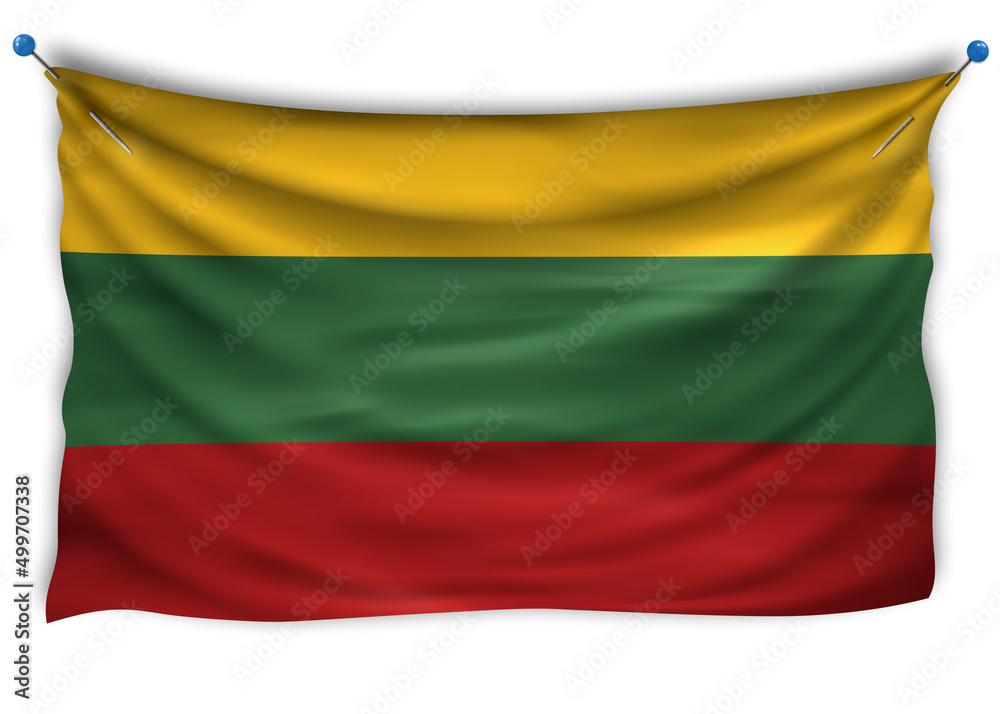 The official flag of Lithuania. Patriotic symbol, banner, element, background. The right colors. Lithuania wavy flag with really detailed fabric texture, exact size, illustration, 3D, pinned