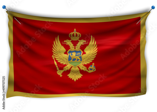 The official flag of Montenegro. Patriotic symbol, banner, element, background. The right colors. Montenegro wavy flag with really detailed fabric texture, exact size, illustration, 3D, pinned
