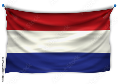 The official flag of Netherlands. Patriotic symbol, banner, element, background. The right colors. Netherlands wavy flag with really detailed fabric texture, exact size, illustration, 3D, pinned