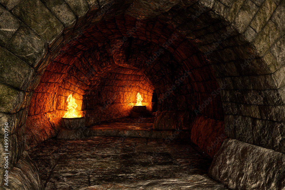 Obraz premium Fantasy medieval arched tunnel under a castle or city. 3D illustration.