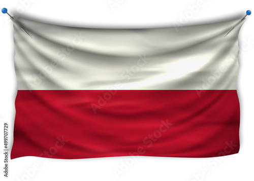 Official flag Poland. Patriotic symbol, banner, element, background. The right colors. Wavy flag with really detailed fabric texture, exact size, illustration, 3D, pinned, pin
