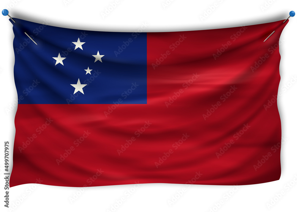 Official flag Samoa. Patriotic symbol, banner, element, background. The right colors. Wavy flag with really detailed fabric texture, exact size, illustration, 3D, pinned, pin