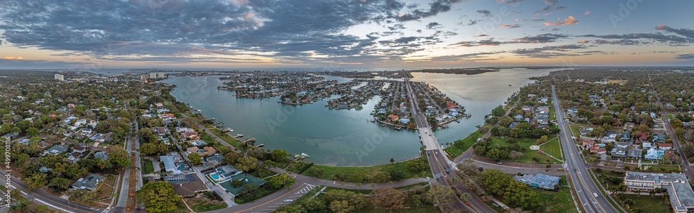Drone panorama over South Causeway Isles and Treasure Island in St. Petersburg in Florida during sunset