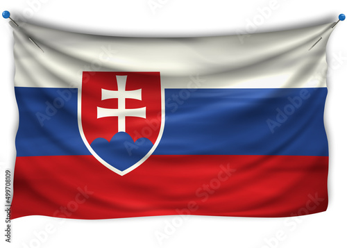 Official flag Slovakia. Patriotic symbol, banner, element, background. The right colors. Wavy flag with really detailed fabric texture, exact size, illustration, 3D, pinned, pin