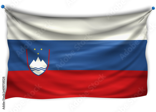 Official flag Slovenia. Patriotic symbol, banner, element, background. The right colors. Wavy flag with really detailed fabric texture, exact size, illustration, 3D, pinned, pin