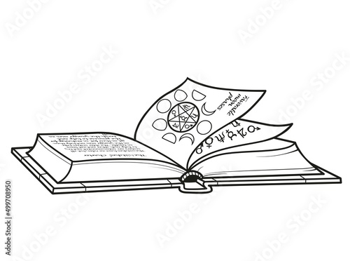 Cute witch girl brews a potion in large cast iron cauldron outlined for coloring on white background