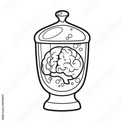 Human brain in a glass jar outlined for coloring page on white background