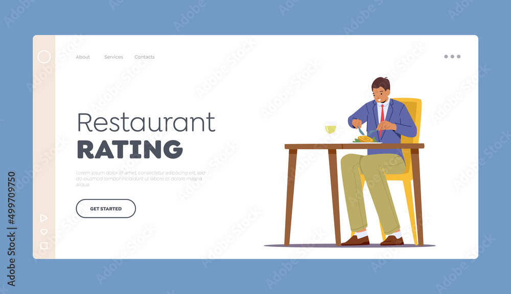Restaurant Rating Landing Page Template. Hungry Male Character Eating Food. Young Man Sitting at Table in Cafe Has Meal
