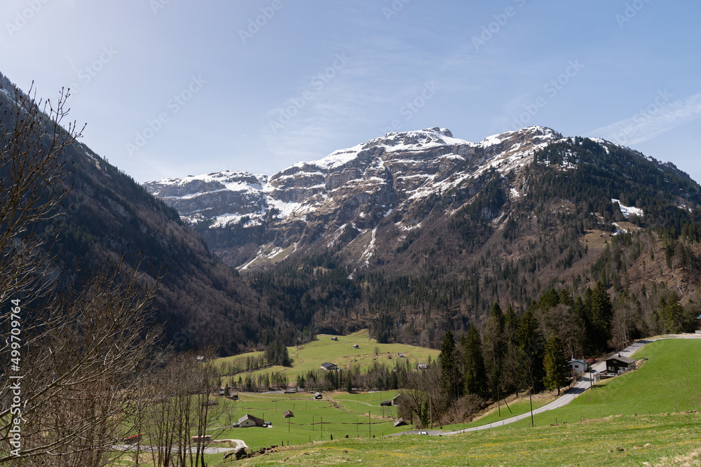Alpine scenery in the Kloental valley in Glarus in Switzerland