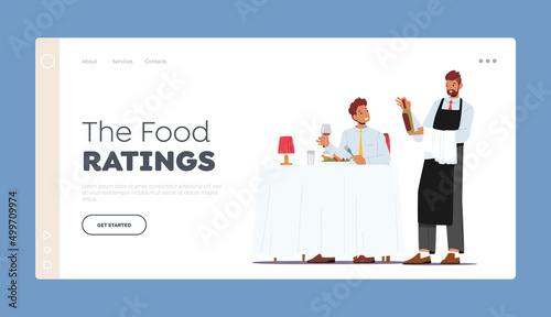 Food Ratings Landing Page Template. Young Man Sitting at Table Ordering Food and Wine in Restaurant. Waiter Bring Bottle