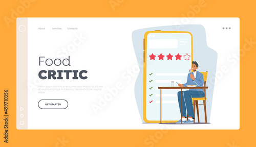Food Critic Visiting Restaurant Landing Page Template. Foodie Character Sitting at Table Enjoying Delicious Meals