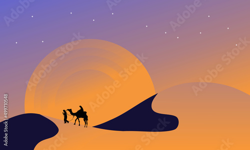 illustration of man and camel in the desert in the morning. vector illustration