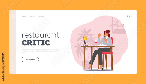 Restaurant Critic Landing Page Template. Food Blogger Recording Video on Smartphone while Visit Cafe. Satisfied Foodie