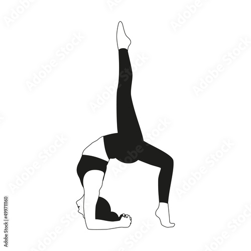 Silhouette of a woman doing yoga with one leg up. White-and-black vector illustration