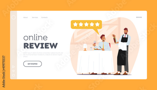 Online Review Landing Page Template. Food Critic Ordering Wine in Restaurant, Expert or Blogger Eat Food and Reviewing