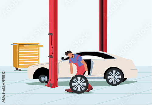 Worker Change Automobile Tires at Garage. Car Maintenance and Fixing Service. Male Characters Wear Uniform Mount Tyres
