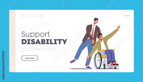 Support Disability Landing Page Template. Successful Project, Goal Achievement. Healthy and Disabled Colleagues Fun